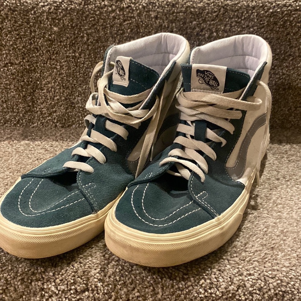 Vans old school high tops 10.5 white, grey stripe and a weird greenish color